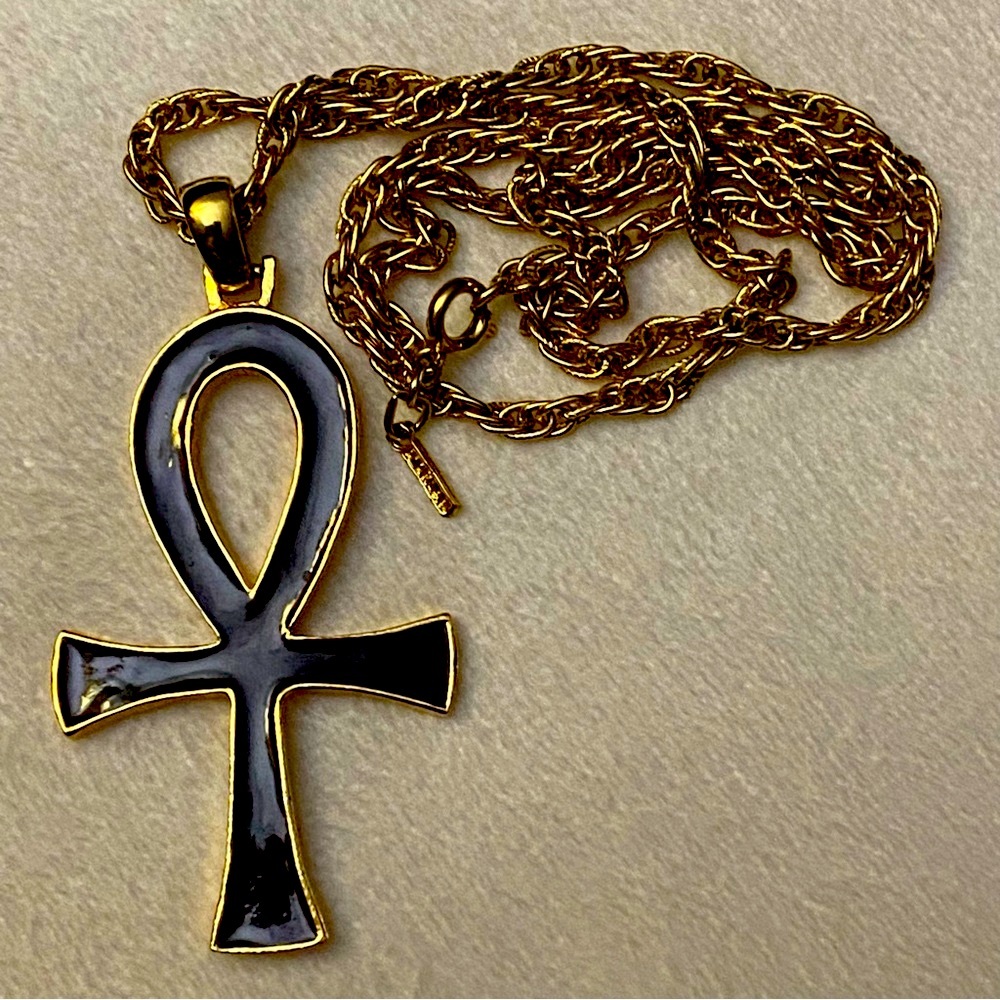 Vintage D’orlan Gold-Tone Black Enamel Ankh Pendant and Chain Dorlan